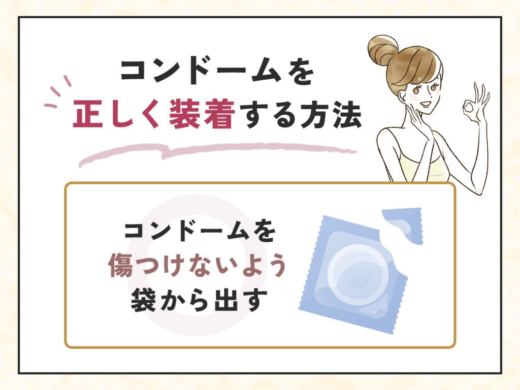 コンドームを正しく装着する方法①：コンドームを傷つけないよう袋から出す
