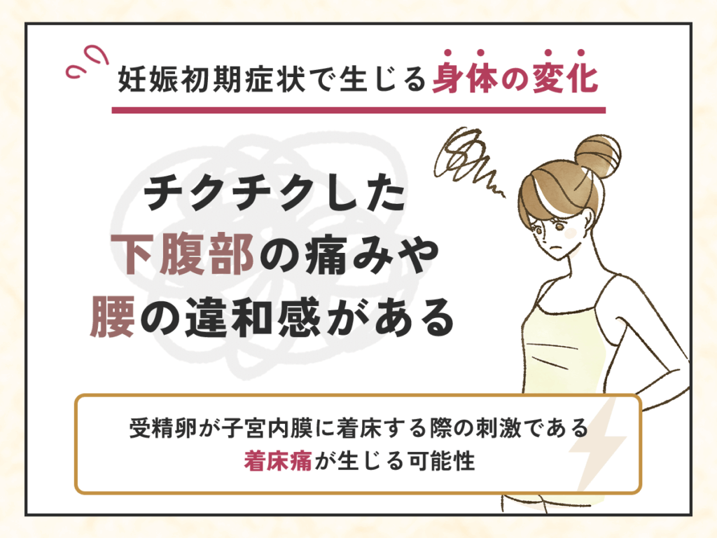 妊娠初期症状で生じる身体の変化④：チクチクした下腹部の痛みや腰の違和感がある
